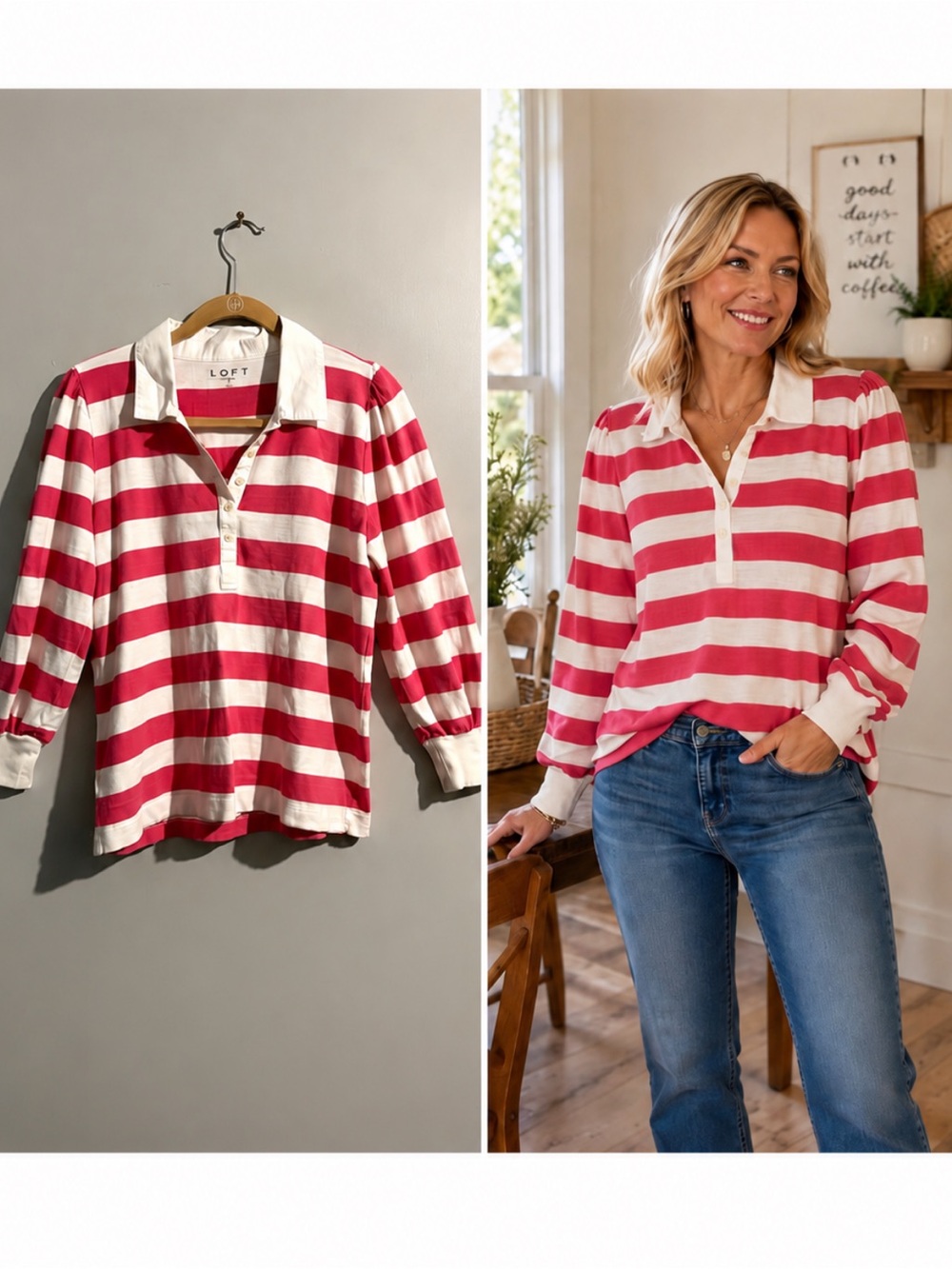 LOFT White and Pink Striped Rugby Long Sleeve Top
